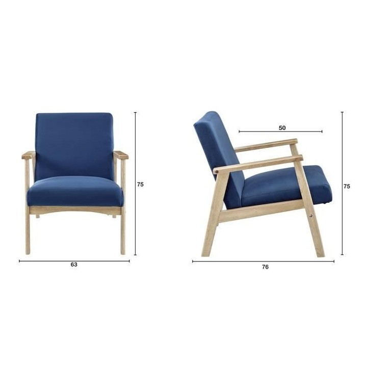 Fauteuil en Velours Bleu nuit - Pieds en bois naturel - L 63 x P 78 x