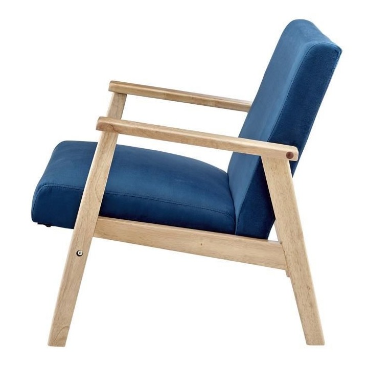 Fauteuil en Velours Bleu nuit - Pieds en bois naturel - L 63 x P 78 x