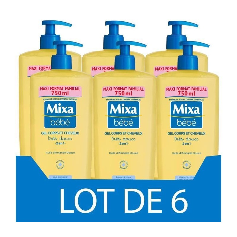 Gel Tres doux MIXA BEBE 2-en-1 Corps et cheveux - 6 x 750 ml