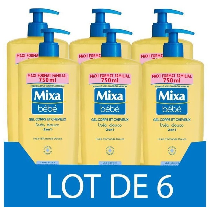Gel Tres doux MIXA BEBE 2-en-1 Corps et cheveux - 6 x 750 ml