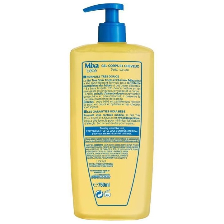 Gel Tres doux MIXA BEBE 2-en-1 Corps et cheveux - 6 x 750 ml
