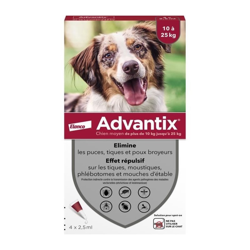 Advantix Chien Solution Antiparasitaire Race Moyenne 10 a 25kg 4 pipettes