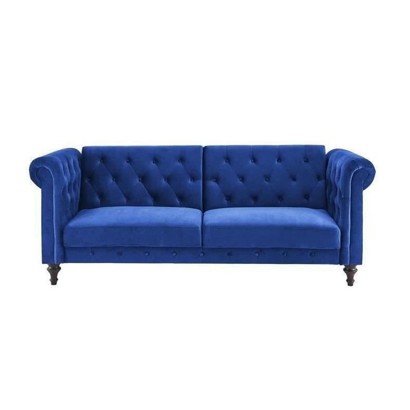 CESAR Canapé convertible Clic-Clac 3 places chesterfield - Velours bleu - L 217 x P 89 x H 86 cm