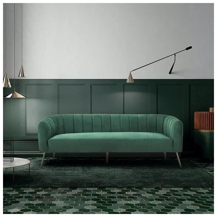 Canapé rétro - 3 places - Velours bleu vert - Style chic - L 207 x P