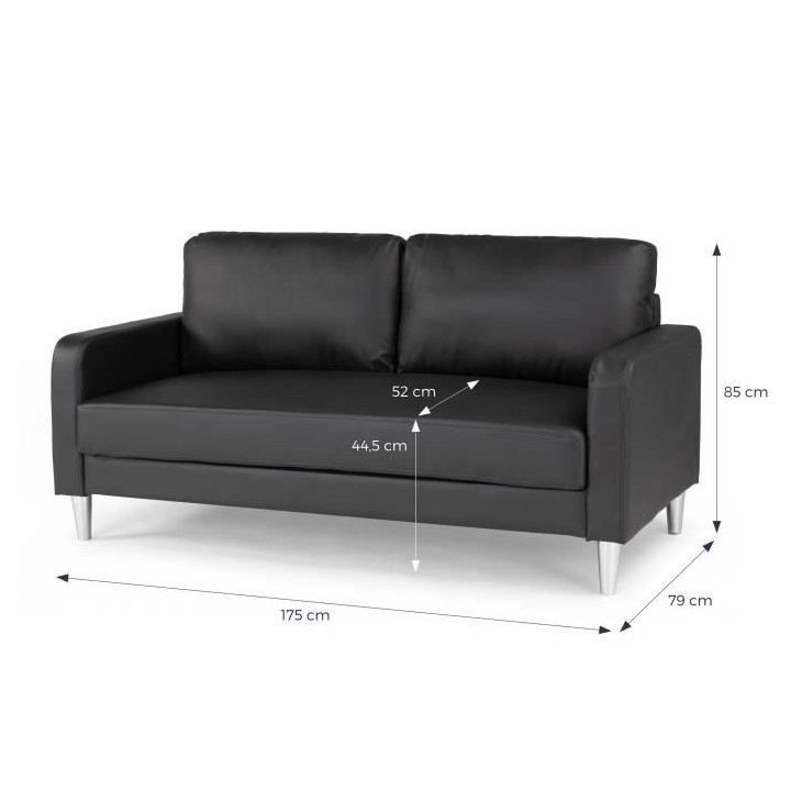 Canapé 3 places - Simili Noir - KENT - L 175 x P 80 x H 85 cm