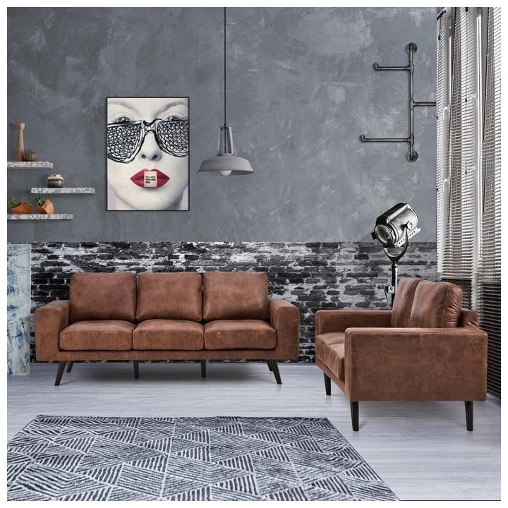 Ensemble de canapés fixes 3 et 2 places - Simili marron - Vintage - L