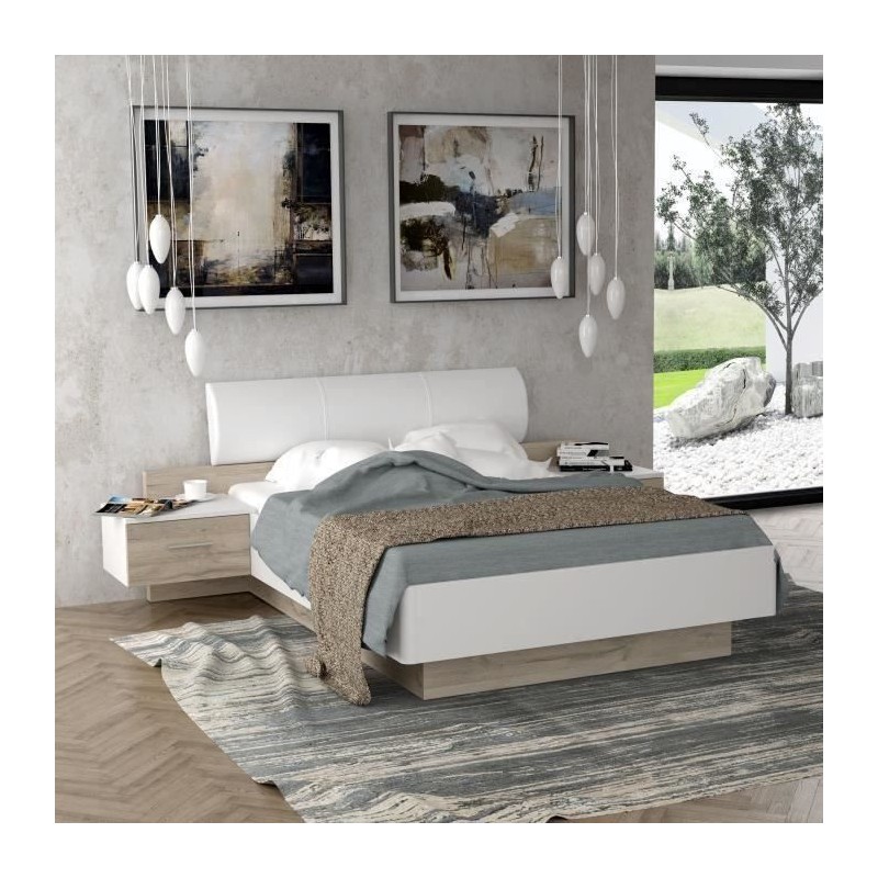 MOROLLA Lit adulte 140x190 cm avec 2 chevets + tete de lit en simili - Blanc