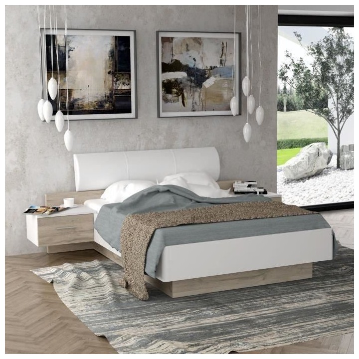 MOROLLA Lit adulte 140x190 cm avec 2 chevets + tete de lit en simili -