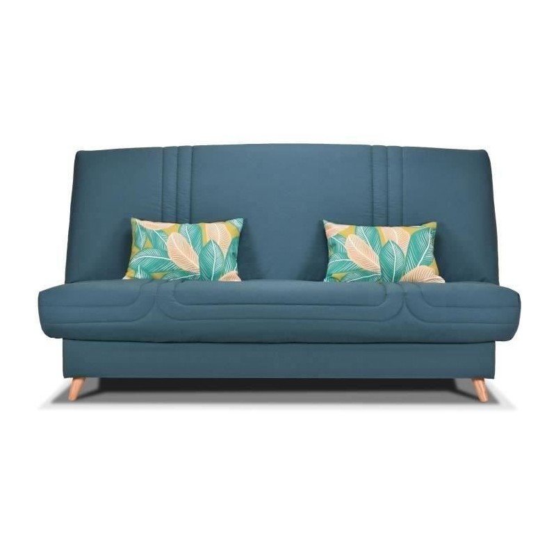 Banquette clic clac BULTEX - Tissu bleu + Coussins déco jungle - L193 x P95 x H