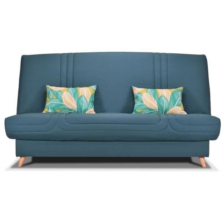 Banquette clic clac BULTEX - Tissu bleu + Coussins déco jungle - L193