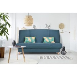 Banquette clic clac BULTEX - Tissu bleu + Coussins déco jungle - L193 x P95 x H