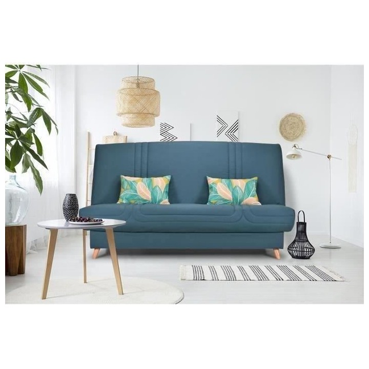 Banquette clic clac BULTEX - Tissu bleu + Coussins déco jungle - L193