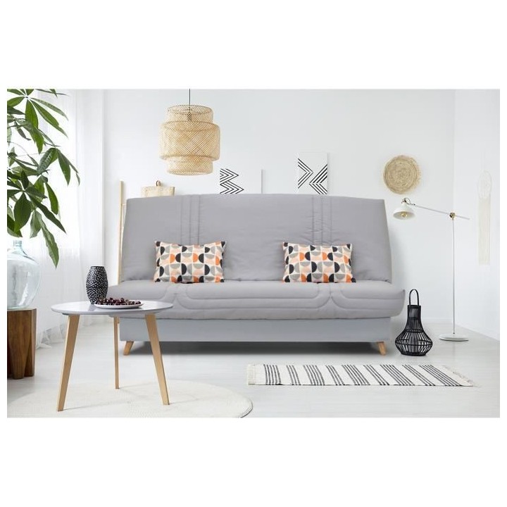 BULTEX Banquette clic clac - Tissu Gris + Coussins déco rétro - L193