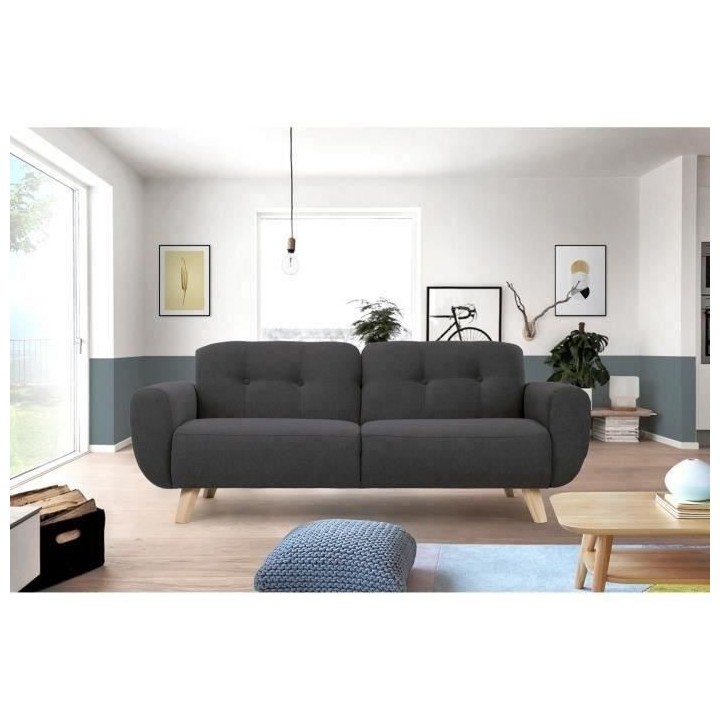 HEXAGONE - MORA Canapé Fixe 3 places - Tissu Gris - L 194 x P 93 x H