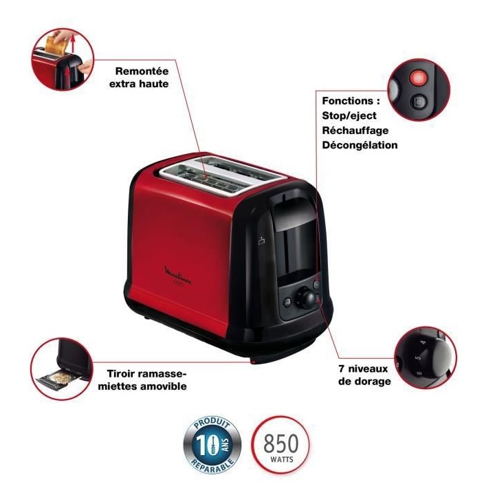 MOULINEX Grille-pain Subito - LT260D11 - 2 fentes - Rouge