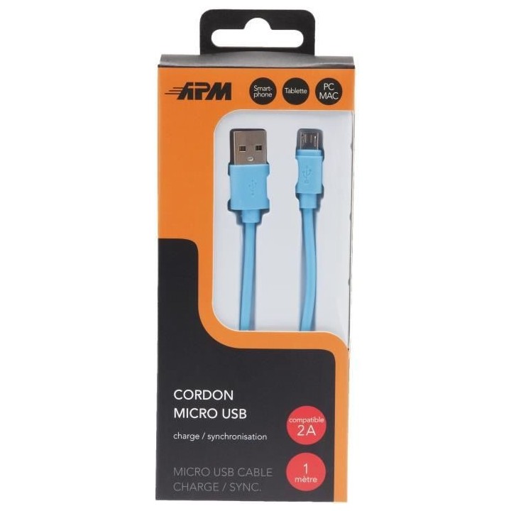 APM Cordon USB 2.0 USB-A/Micro USB - Mâle/Mâle - Bleu - 1m