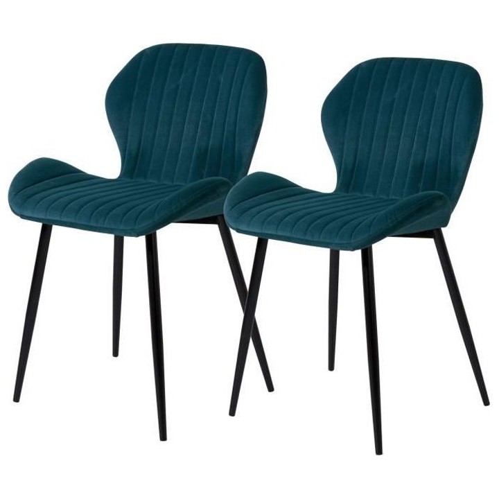 PORTO Lot de 2 Chaises pieds métal - Velours Bleu canard - L 50 x P 5