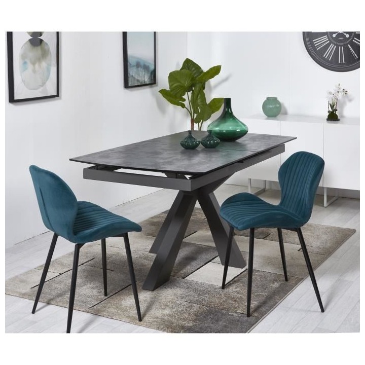 PORTO Lot de 2 Chaises pieds métal - Velours Bleu canard - L 50 x P 5