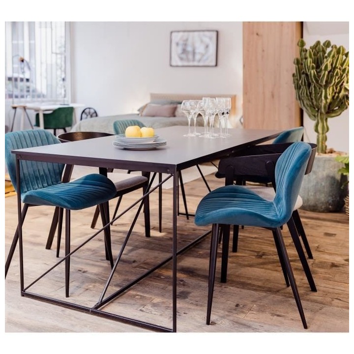 PORTO Lot de 2 Chaises pieds métal - Velours Bleu canard - L 50 x P 5