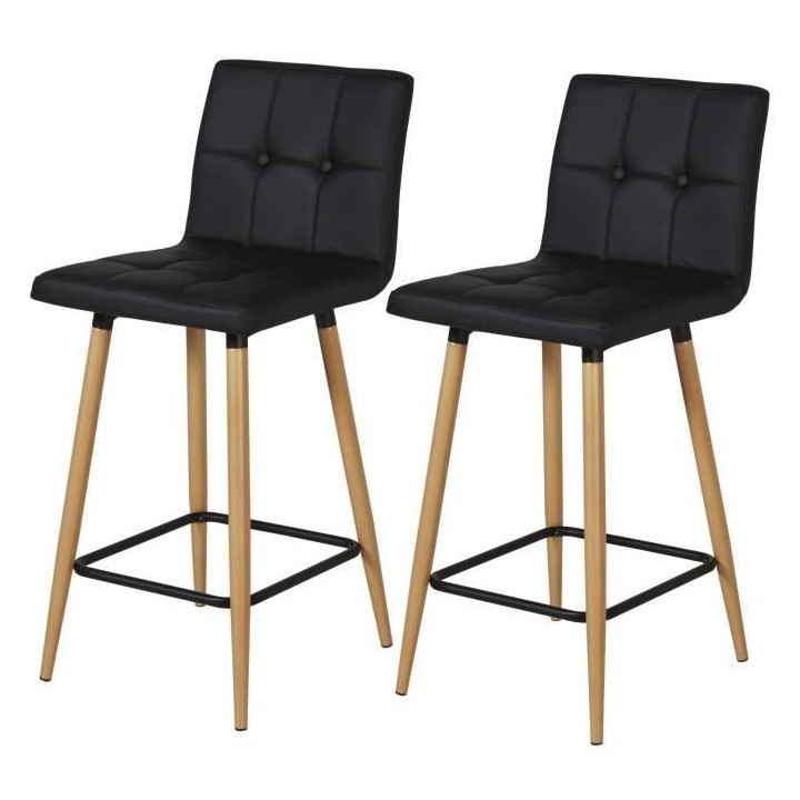 Lot de 2 Tabourets de bar comptoir de cuisine - Simili noir et pieds b