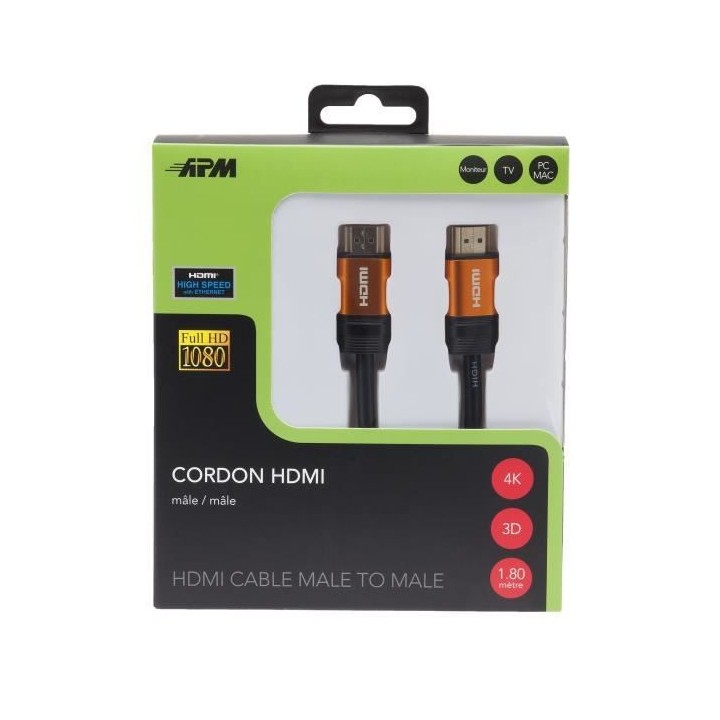 APM Cordon HDMI 4K Ethernet - Mâle/Mâle - Noir - Plug Or - 1,8m