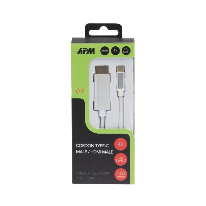 APM Cordon HDMI 4K/Type-C - Mâle/Mâle - Blanc - Plug Métal Gris 1,8