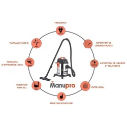 Aspirateur eau, poussiere et cendres MANUPRO - Cuve acier inoxydable - 20 L - Fonction soufflerie