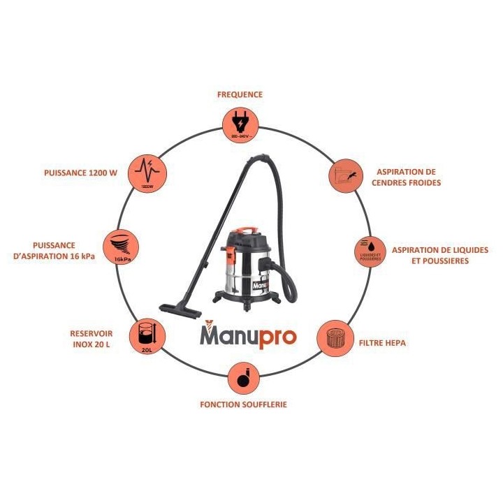 Aspirateur eau, poussiere et cendres MANUPRO - Cuve acier inoxydable -