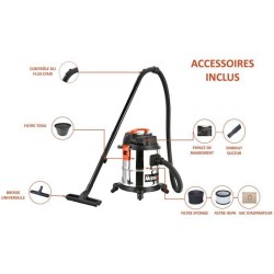 Aspirateur eau, poussiere et cendres MANUPRO - Cuve acier inoxydable - 20 L - Fonction soufflerie