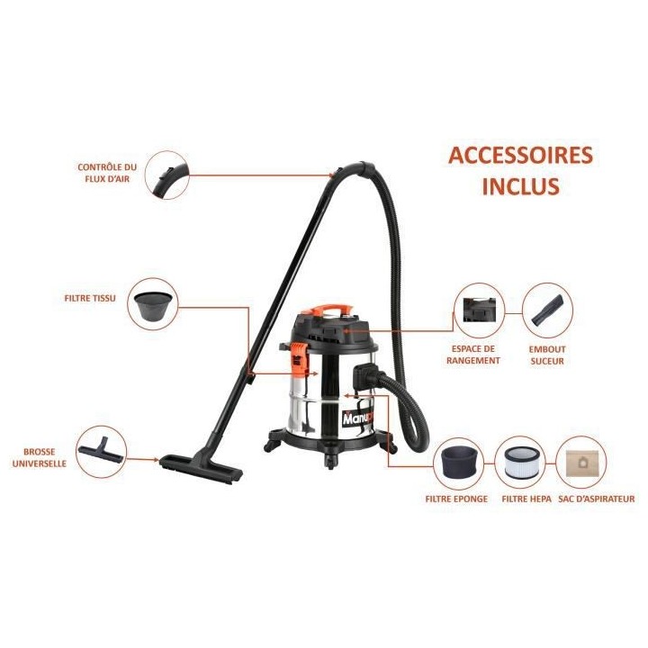 Aspirateur eau, poussiere et cendres MANUPRO - Cuve acier inoxydable -