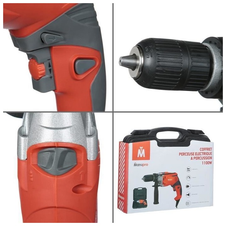 MANUPRO Coffret Perceuse visseuse électrique - A percussion - 1100W