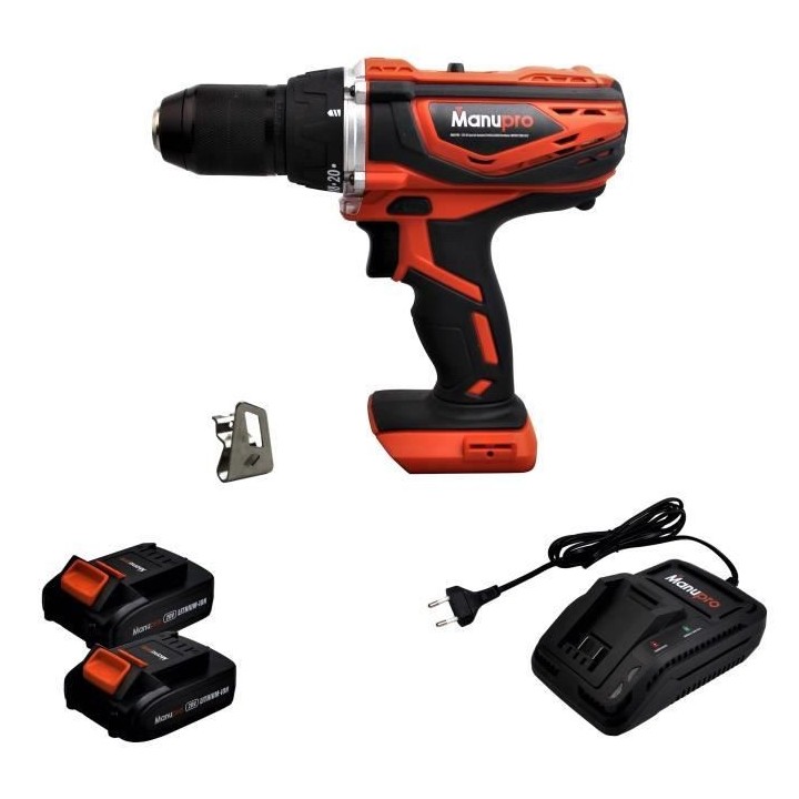 MANUPRO Perceuse visseuse sans fil 20 V - 2 batteries 2 Ah - 1 chargeu
