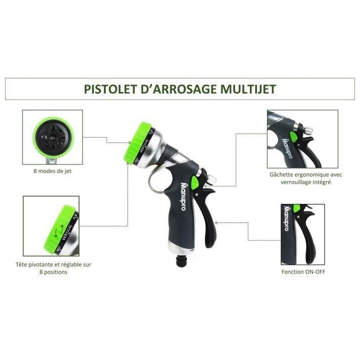 Pistolet d'arrosage et nettoyage MANUPRO - Arrosoir multijet - 8 modes