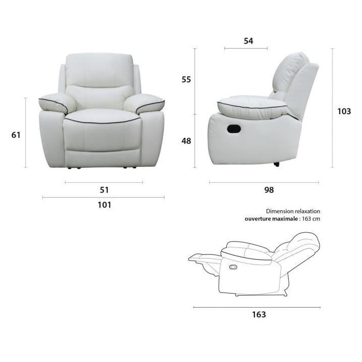 Fauteuil relax manuel - CASINO - Cuir blanc avec passepoil noir - L 10
