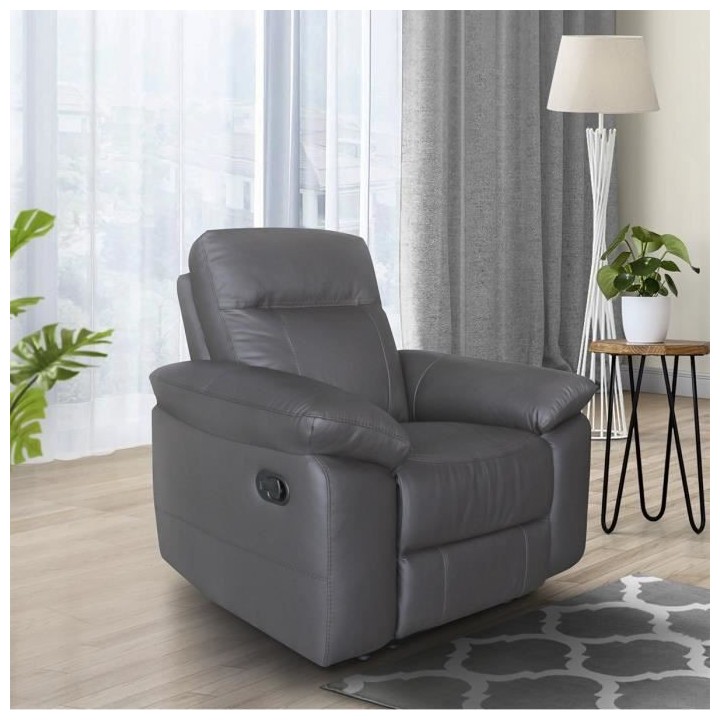 Fauteuil relax manuel - LEONARA - Cuir noir et marron - L 110 x P 96 x