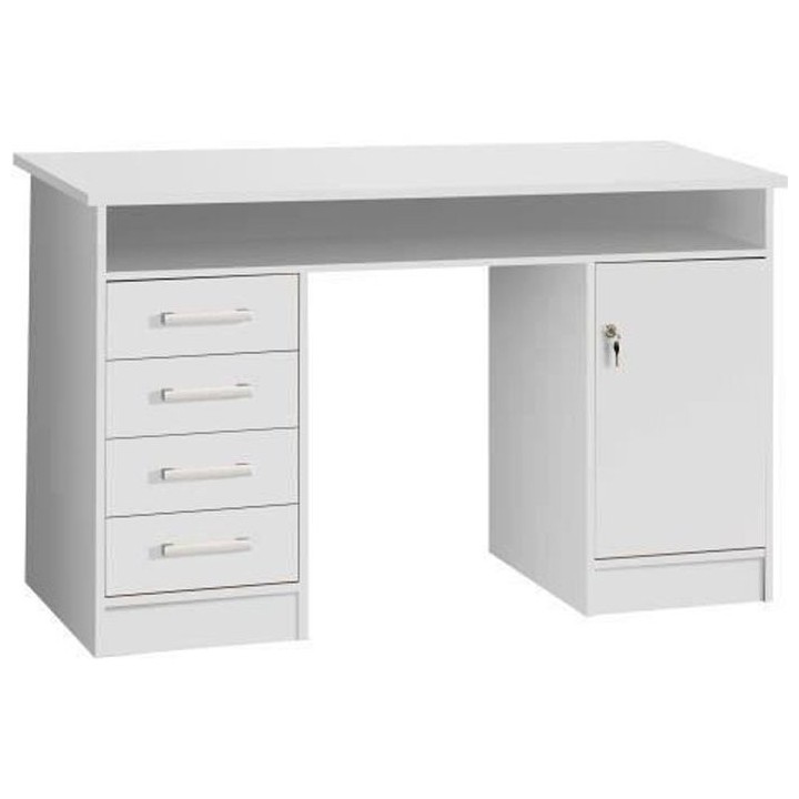 Bureau droit a clés avec 1 porte et 4 tiroirs - Décor papier blanc -