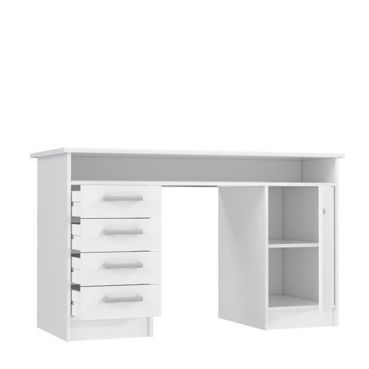 Bureau droit a clés avec 1 porte et 4 tiroirs - Décor papier blanc -