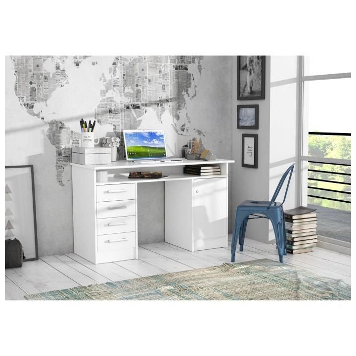 Bureau droit a clés avec 1 porte et 4 tiroirs - Décor papier blanc -