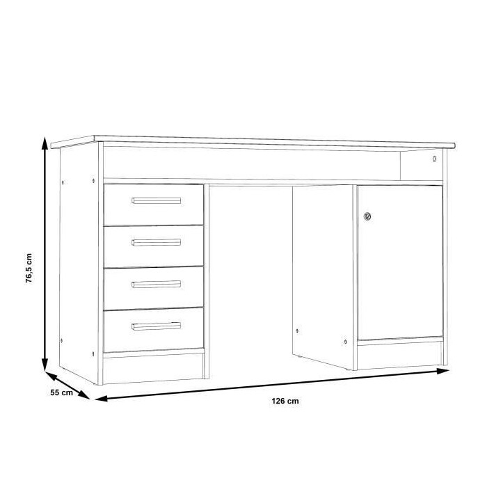 Bureau droit a clés avec 1 porte et 4 tiroirs - Décor papier blanc -