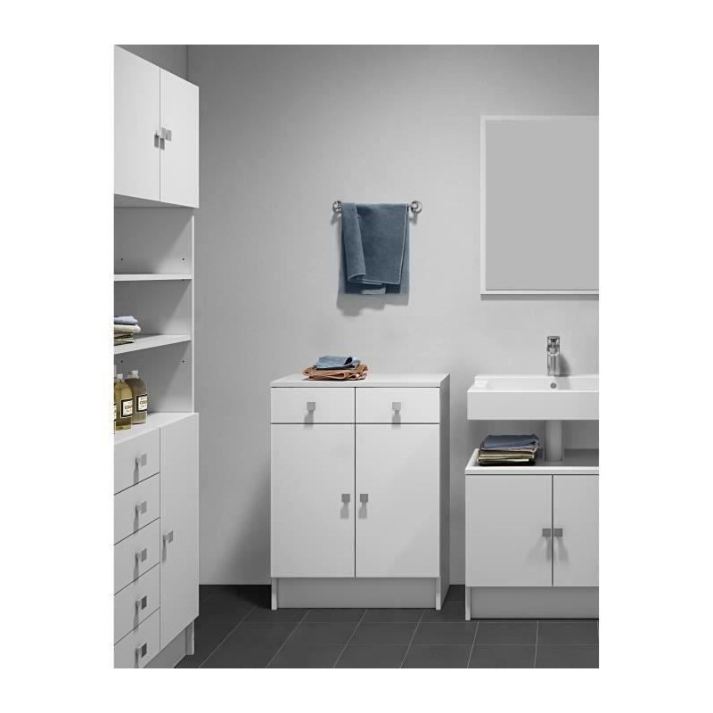 GALET Meuble de salle de bain - Blanc - 2 portes + 2 tiroirs - L 60 x P 30 x H 81,5 cm - SYMBIOSIS