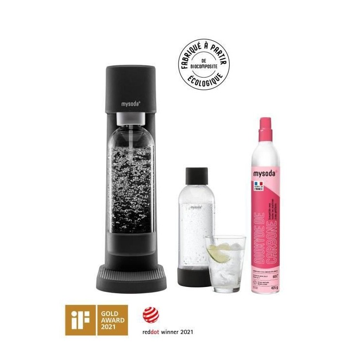 MYSODA Machine a Soda Woody Black, 1 cylindre de CO2, 1 bouteille 1L B