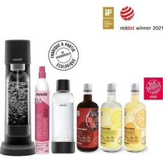 MYSODA Machine a Soda Woody Black, 1 cylindre de CO2, 2 bouteilles 1L