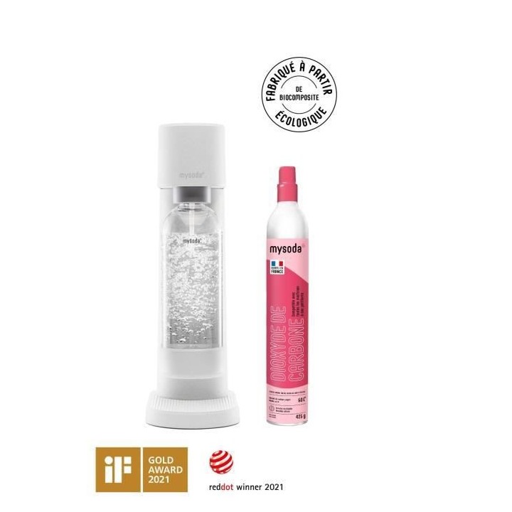 MYSODA Machine a Soda Woody White, 1 bouteille de 1L, 1 cylindre de CO