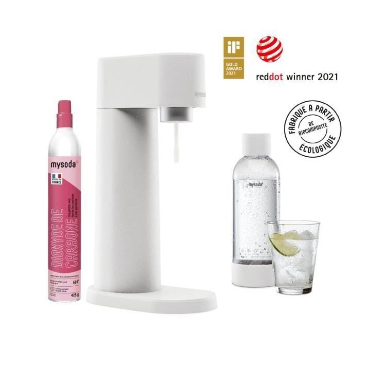 MYSODA Machine a Soda Woody White, 1 bouteille de 1L, 1 cylindre de CO