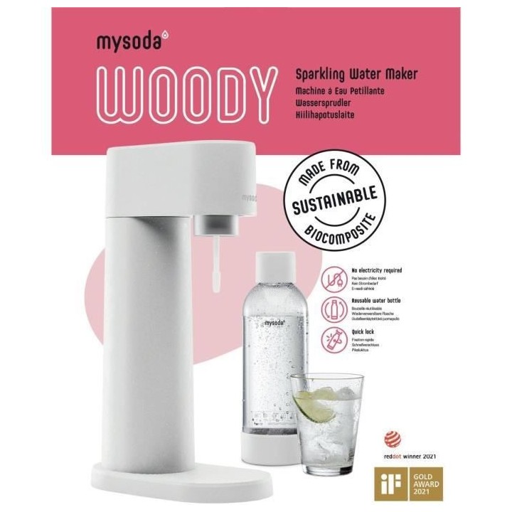 MYSODA Machine a Soda Woody White, 1 bouteille de 1L, 1 cylindre de CO