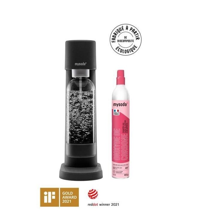 MYSODA Machine a Soda Woody Black, 1 bouteille de 1L, 1 cylindre de CO