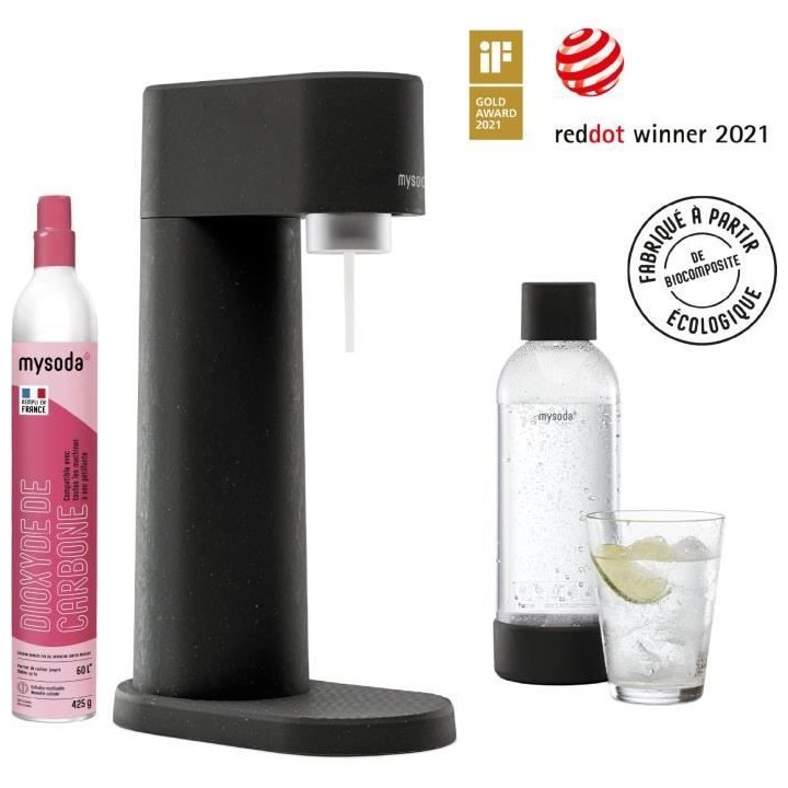 MYSODA Machine a Soda Woody Black, 1 bouteille de 1L, 1 cylindre de CO