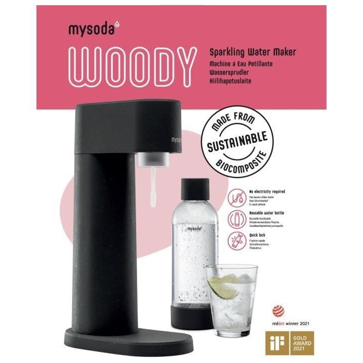 MYSODA Machine a Soda Woody Black, 1 bouteille de 1L, 1 cylindre de CO