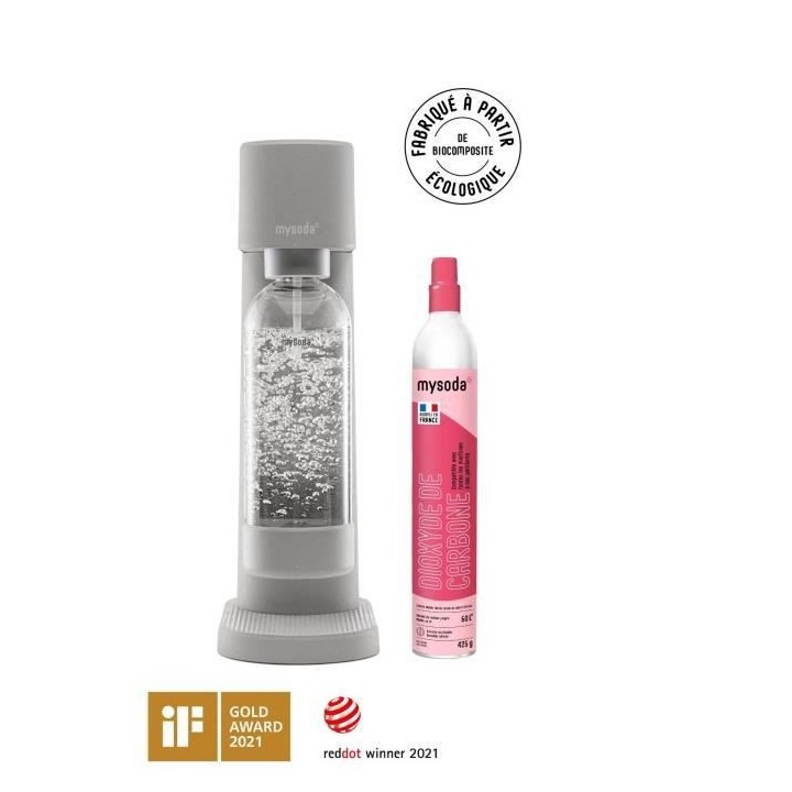MYSODA Machine a Soda Woody Gray, 1 bouteille de 1L, 1 cylindre de CO2