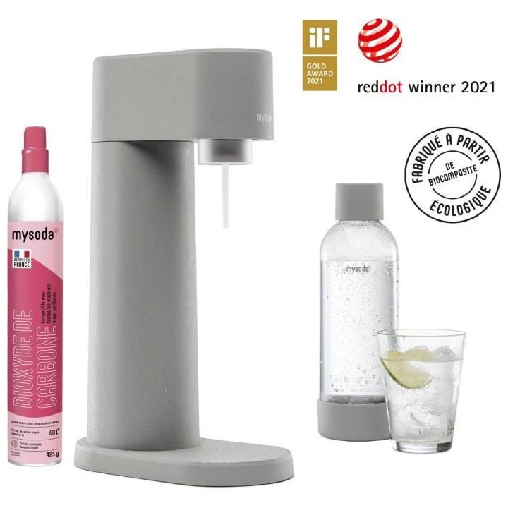 MYSODA Machine a Soda Woody Gray, 1 bouteille de 1L, 1 cylindre de CO2